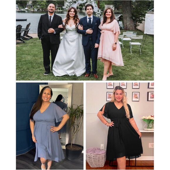 Plus Size Formal Dress Chiffon V Neck Short Sleeve High Low For Women - Picture 4 of 5